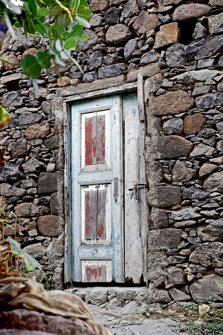 Wooden door to a stone house, Praia, Santiago, Cape Verde