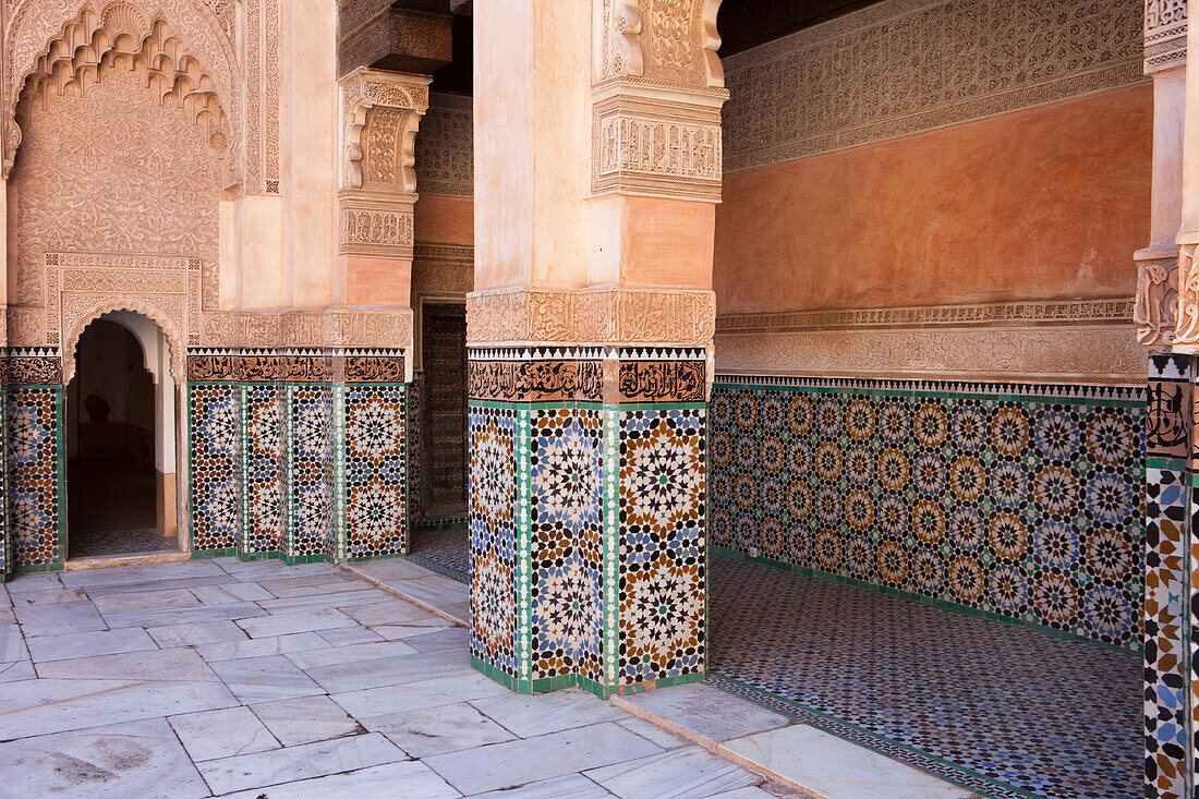 Courtyard in the Ben Youssef Madrassa, an old Islamic school, Marrakech, Morocco