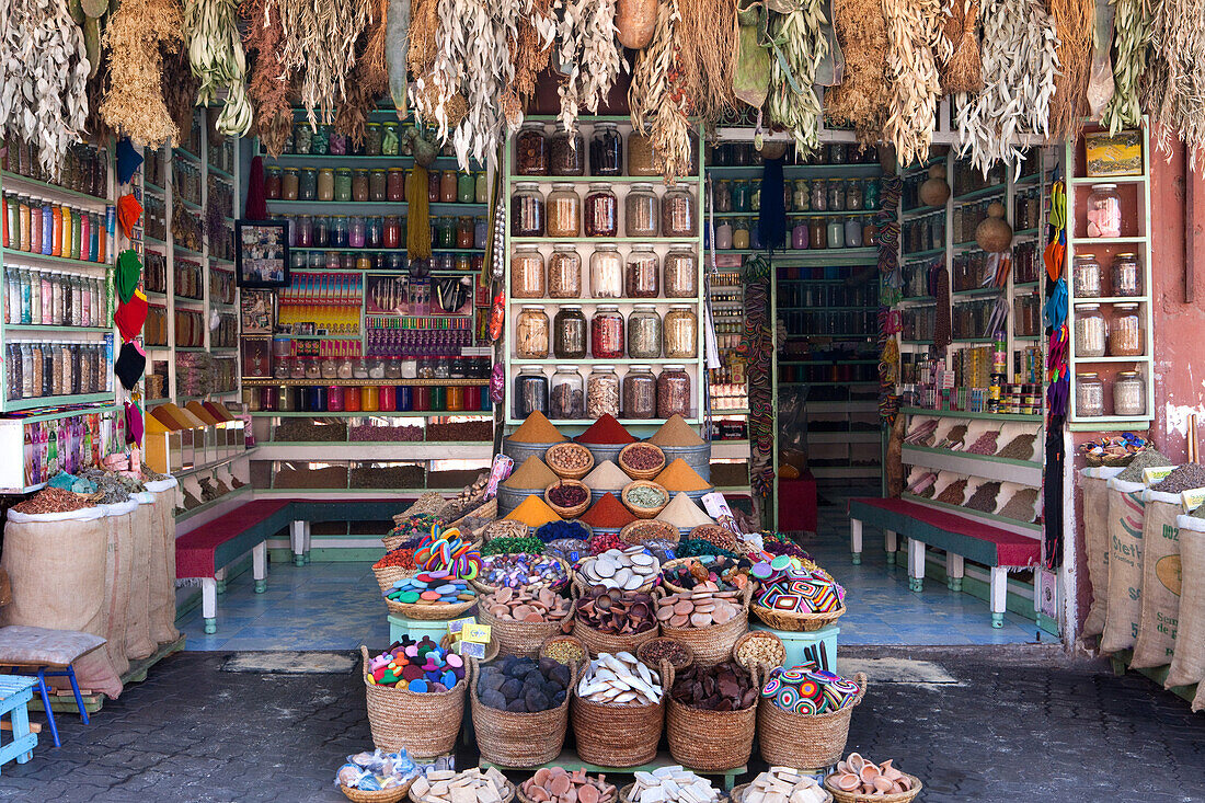 Shop selling spices at the Place des épices in the souk, Marrakech, Morocco