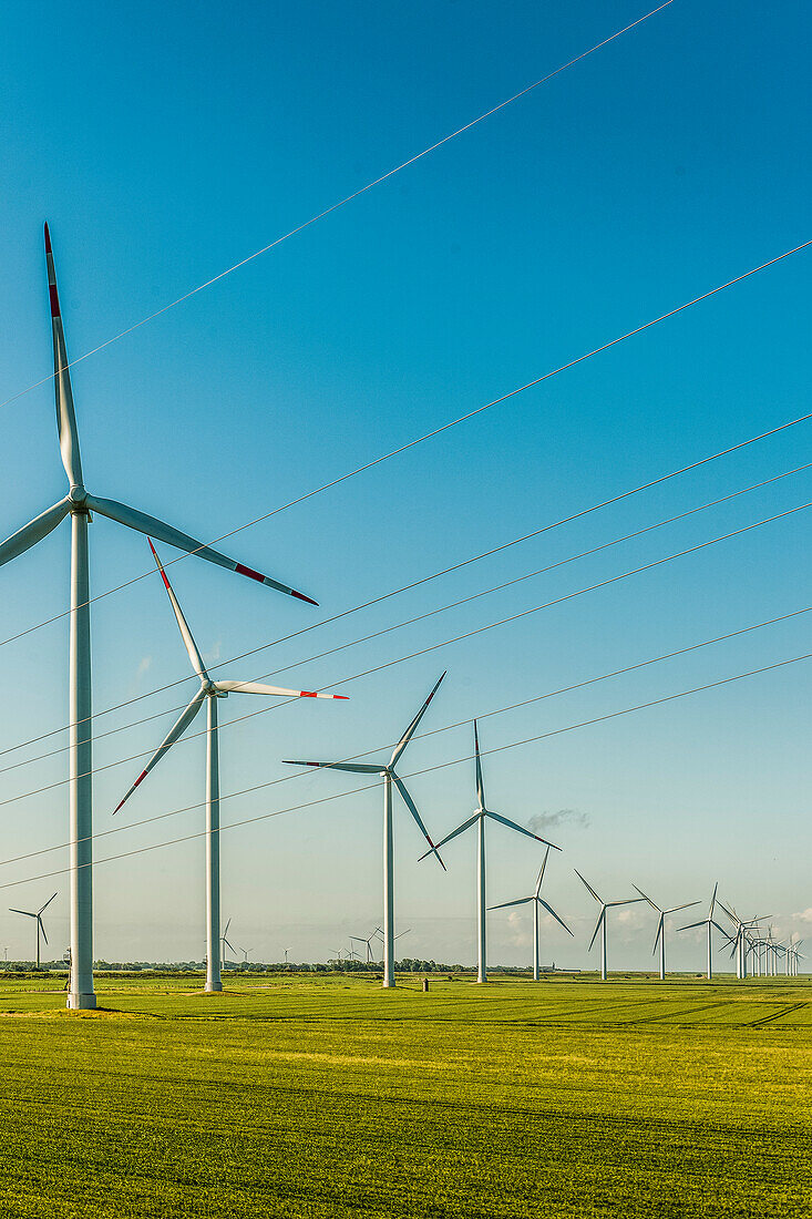 Wind turbines near coast, North Frisia, Schleswig-Holstein, Germany