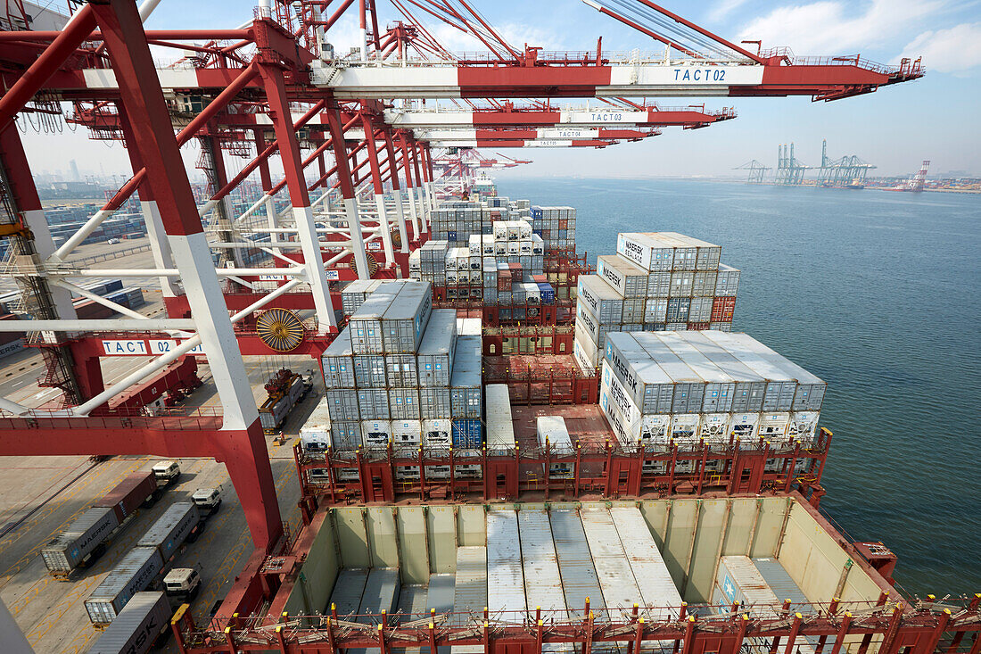 Container ship in harbor, Port of Tianjin, Tianjin, China