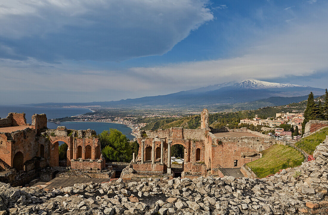 View towards Etna from Teatro Greco, Taormina, Sicily, Italy