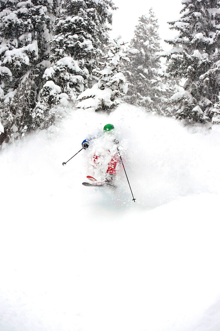 Skier in mid-air, St Anton am Arlberg, Tyrol, Austria