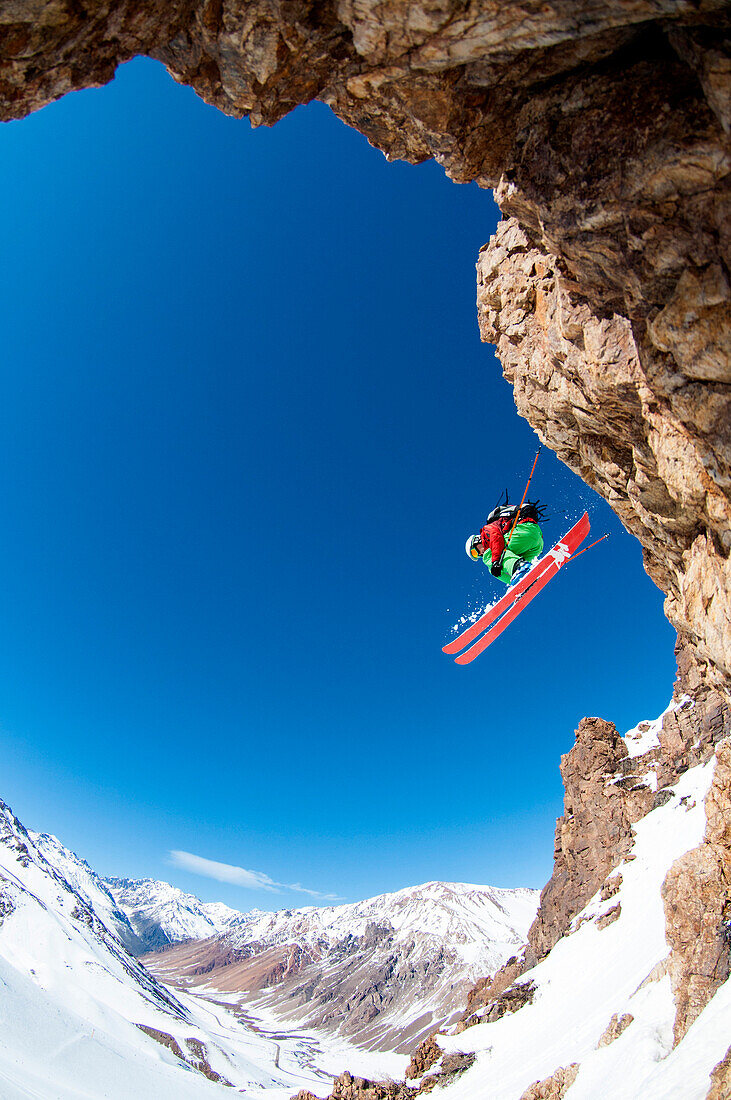 Skier jumping, Los Penitentes, Mendoza Province, Argentina