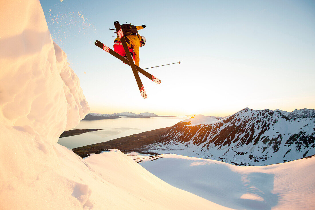 Skier jumping, Lyngen Alps, Troms, Norway