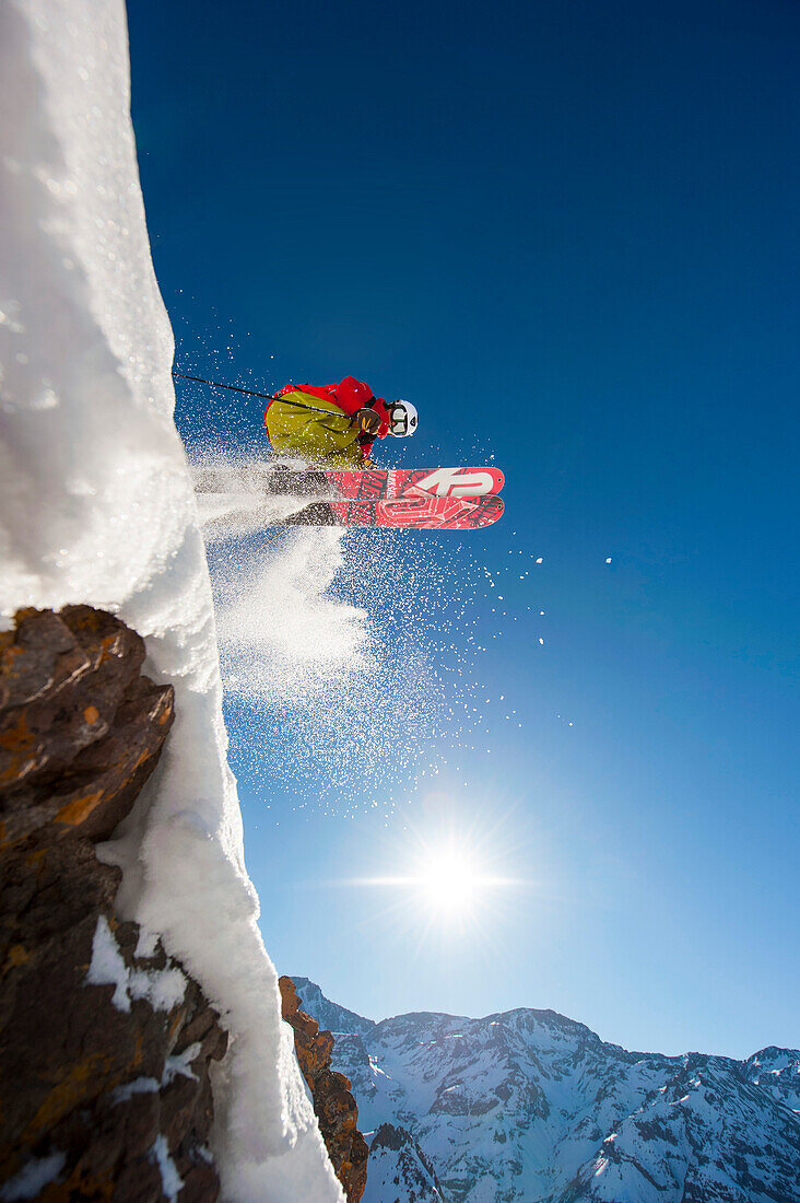 Skier in mid-air, Valle Nevado ski resort, Santiago Province, Chile