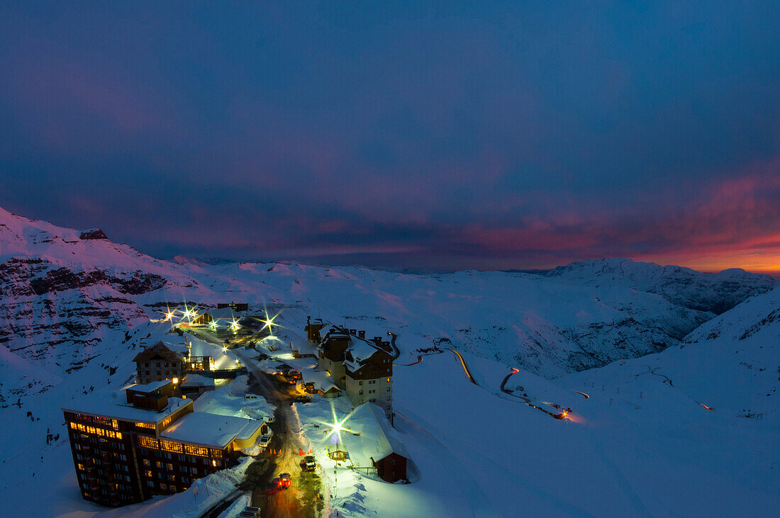 Hotel complex at dusk, Valle Nevado ski resort, Santiago Province, Chile