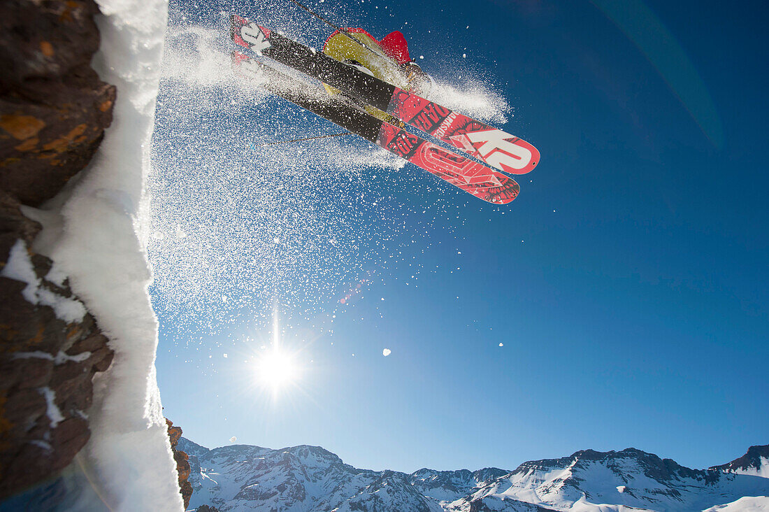 Skier in mid-air, Valle Nevado ski resort, Santiago Province, Chile