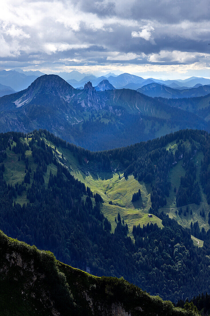 View to alp Unterer Haushamer Alm, Mangfall Mountains, Bavaria, Germany