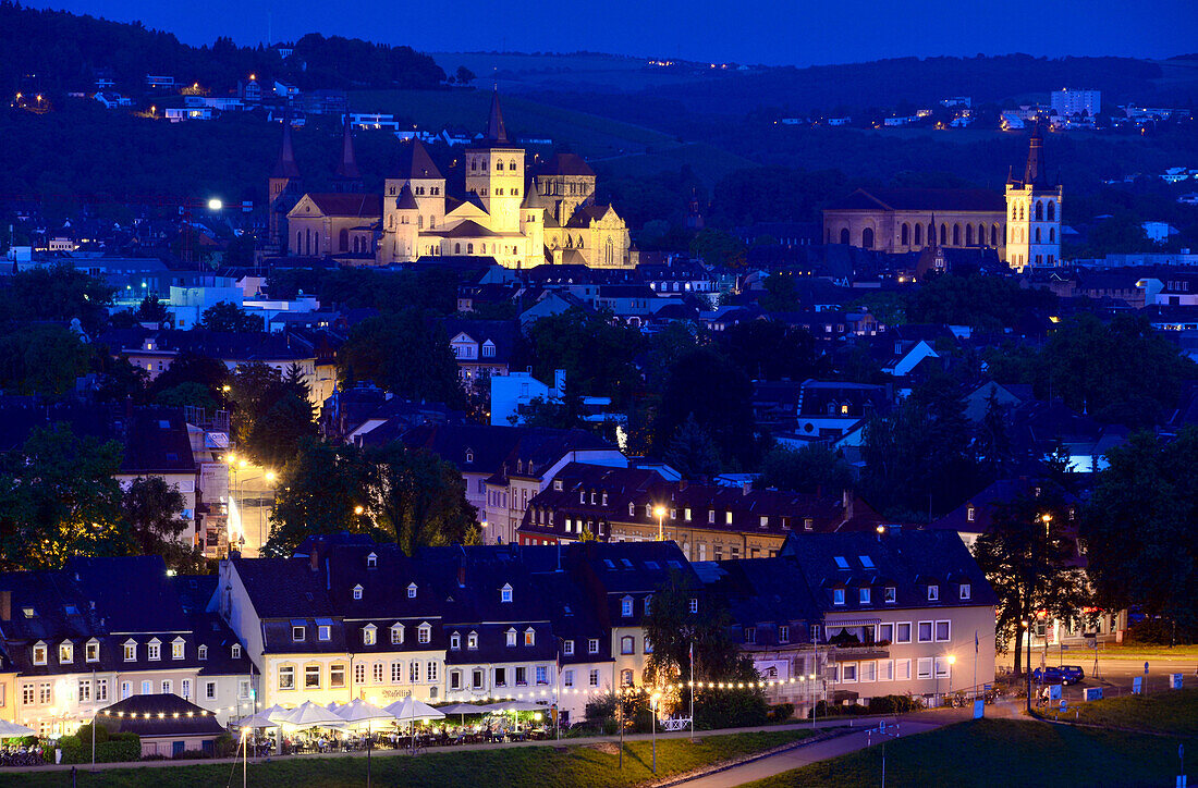 View over Trier on the river Mosel at night, Rhineland-Palatinate, Germany