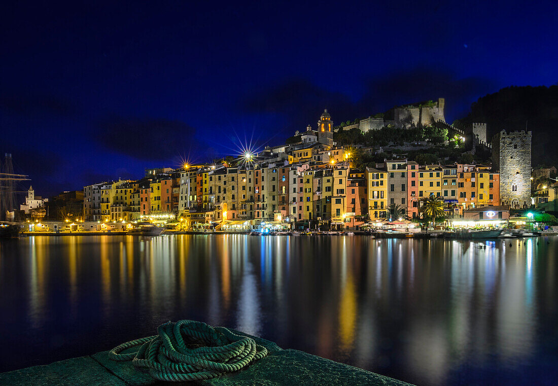 A night view of the village of Portovenere, a typical Ligurian village in the Gulf of the Poets in the province of La Spezia.