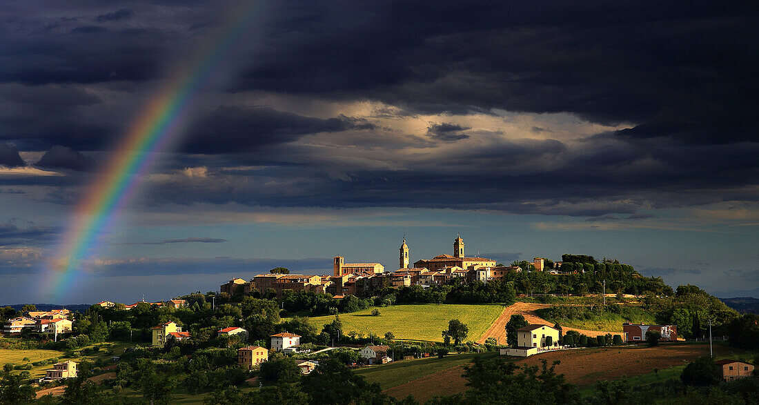 Montecosaro MC, Marches Italy, Landscape with rainbow after storm