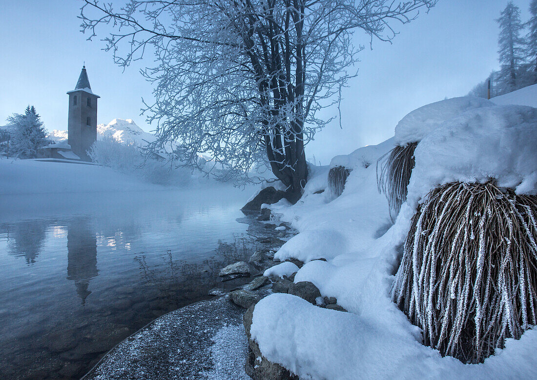 What a better present from a freezing morning in the Engadin valley than the surreal image of a church rising from fog and ice, Sils Church, the Engadin valley, Switzerland
