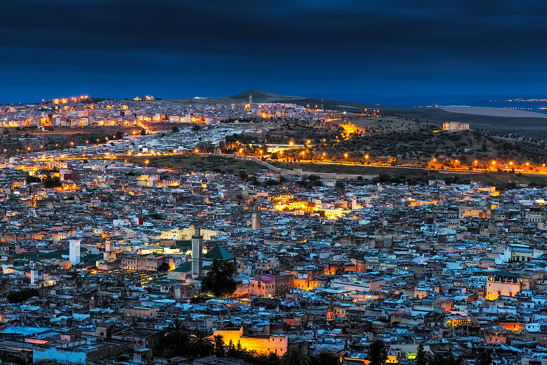 panoramic view of the medina of Fez photographed in the blue hour, Morocco.