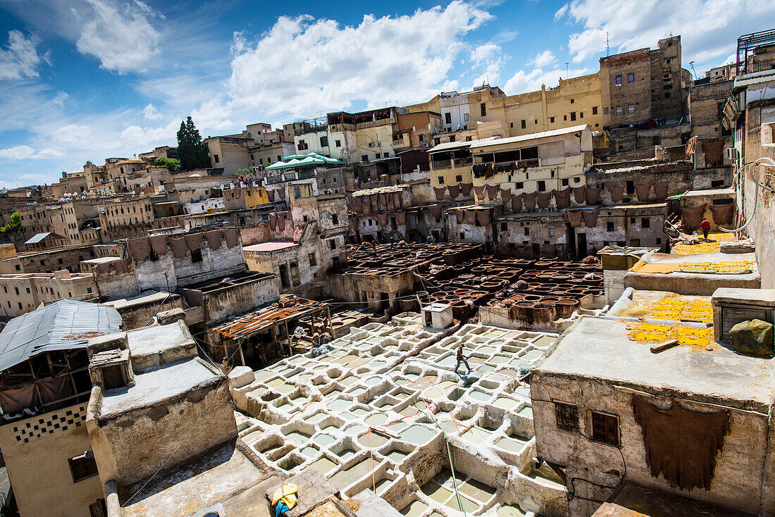 The tanneries of Fez views from the terraces of the nearby laboratories, Morocco