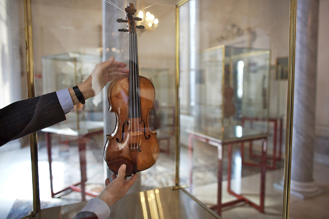 Conservatore Andrea Mosconi maintains the city of Cremona's precious violin collection, many of them Stradivarius violins, by playing them for a few minutes each morning. Cremona, Italy, has a rich history of violin making.