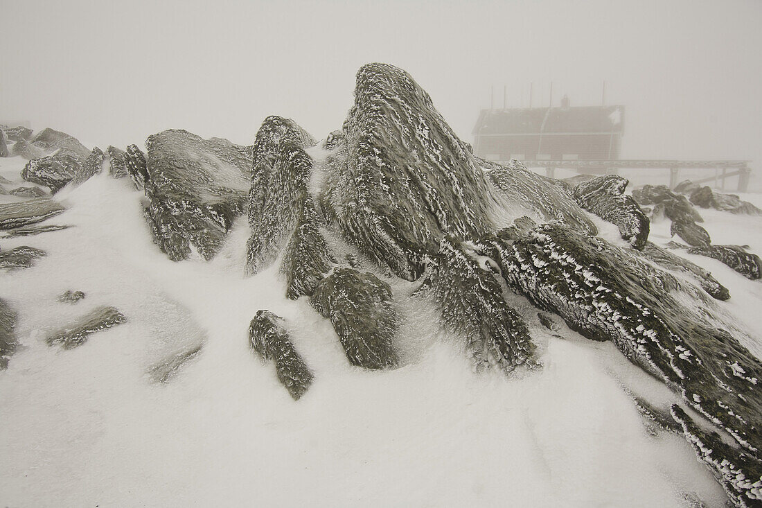 A group of people experiences the elements while on a Mount Washington Observatory educational winter program on the summit of Mt. Washington, NH.