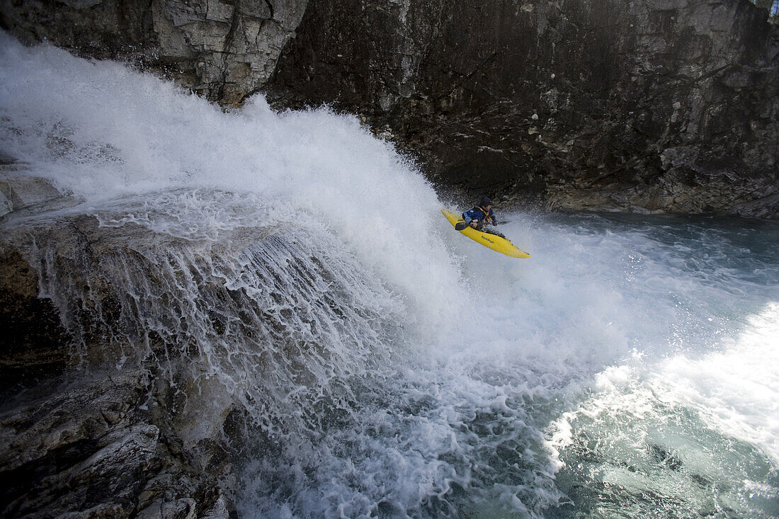 Hannes Langer black helmet, runs the drops and slides of the classic kayaking Brandseht River in the western part of Norway.