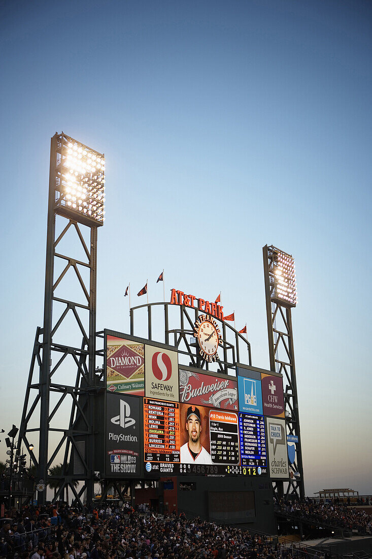 Scoreboard and stadium at the AT&T Baseball Park in San Francisco, California.