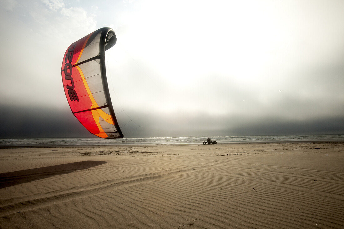 Eli Anderson kite buggying on Sunset Beach near Warrenton, Oregon.