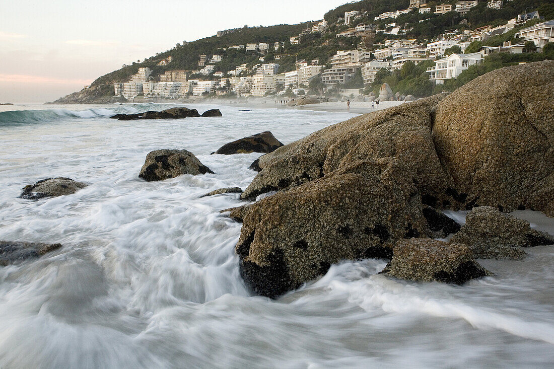 Waves lap the boulders separating Clifton Second and Third Beaches on the Atlantic Seaboard of Cape Town, South Africa on April 1, 2008.