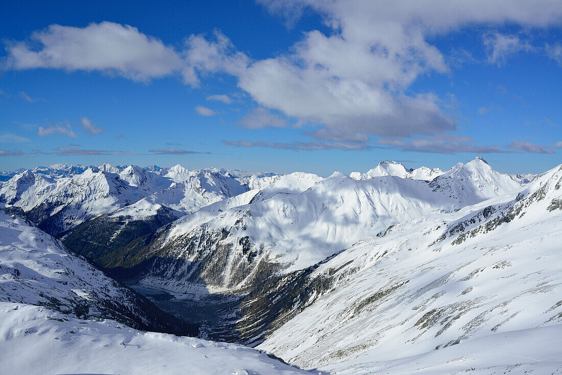 View from mount Grosser Moeseler over mountain scenery, Zillertal Alps, South Tyrol, Italy