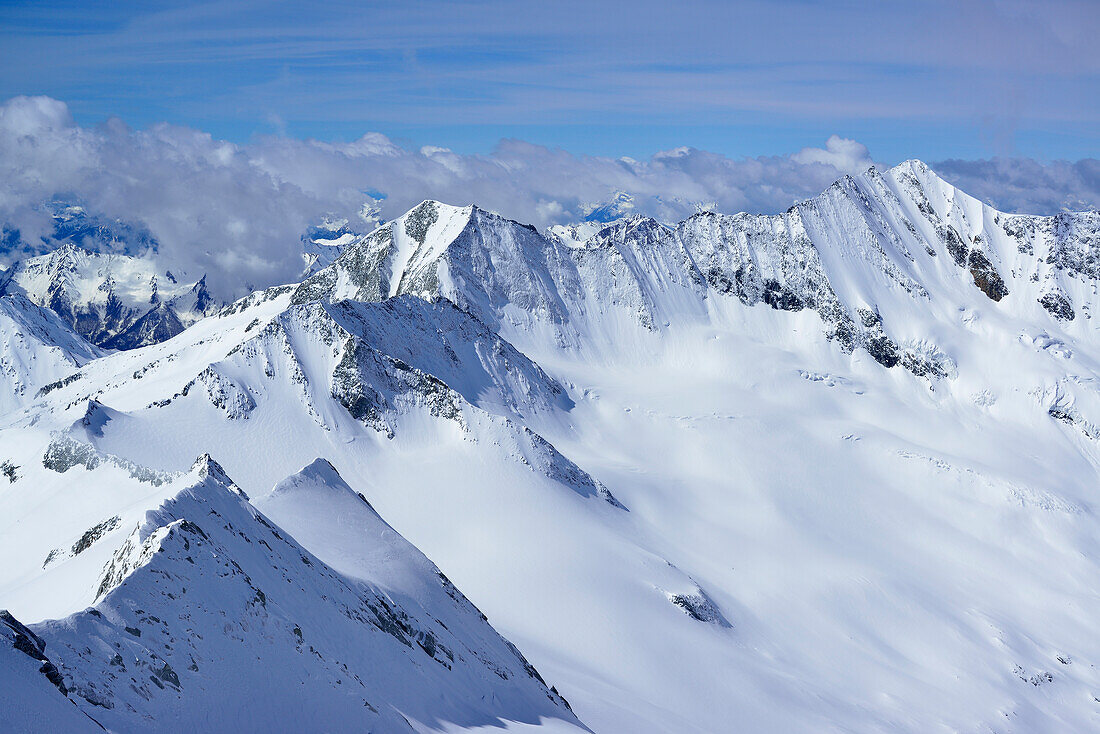 Schneegrate am Großen Möseler, Hoher Weißzint und Hochfeiler im Hintergrund, Zillertaler Alpen, Südtirol, Italien
