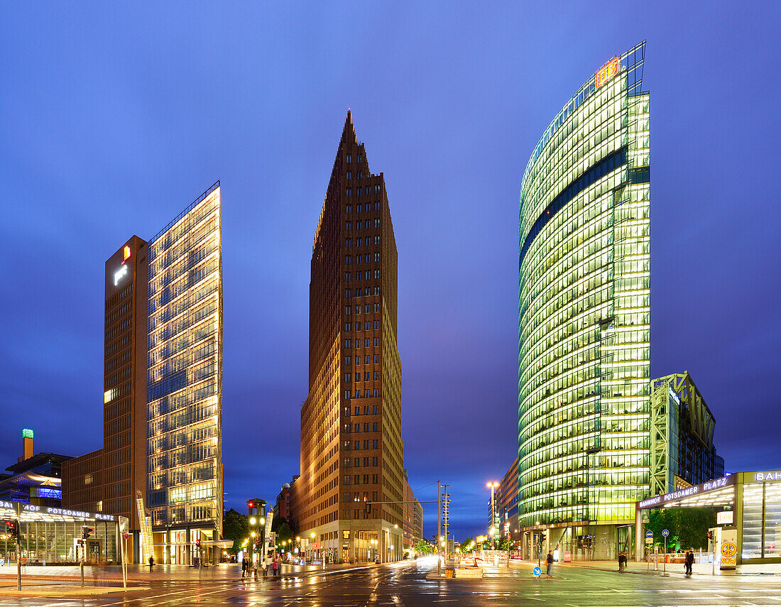 Illuminated skyscrapers at Potsdamer Platz, Berlin, Germany