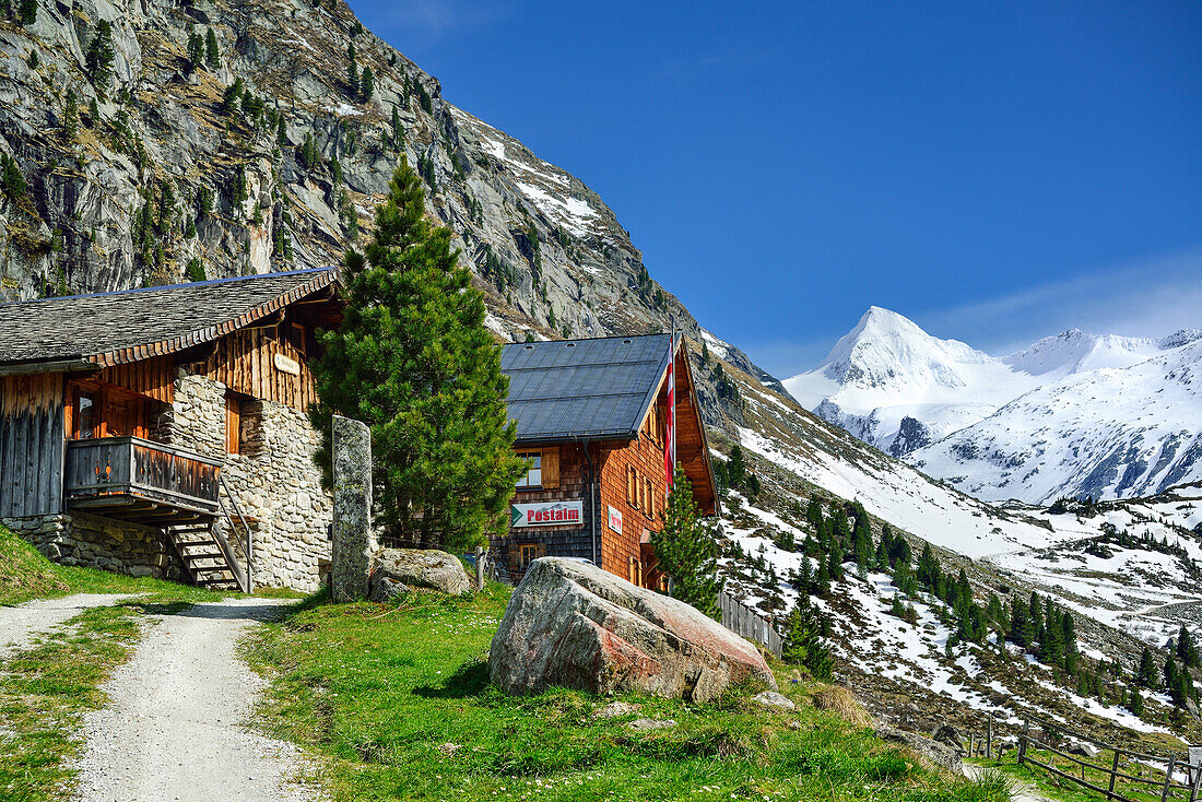 Hut Postalm with Grosser Geiger in background, Venediger Group, Hohe Tauern National Park, Salzburg, Austria