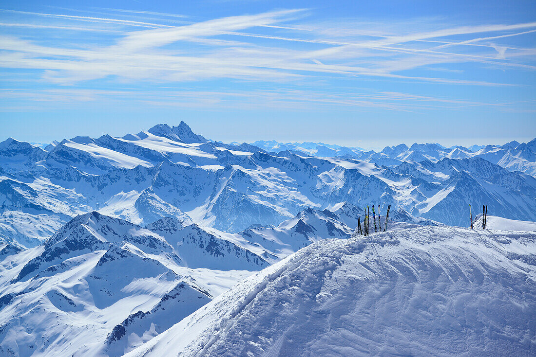 Skis in snow at Grossvenediger, Venediger Group, Hohe Tauern National Park, Salzburg, Austria