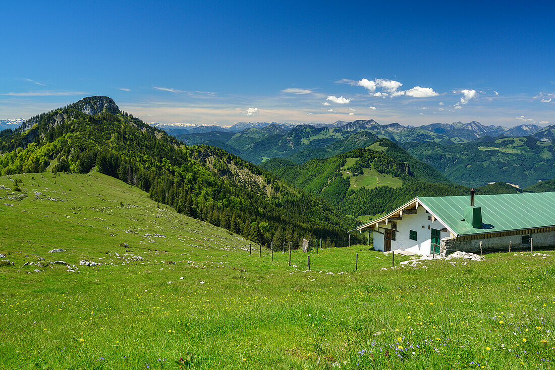 Alpine hut with Spitzstein, Kranzhorn and Bavarian Alps in background, Spitzstein, Chiemgau Alps, Upper Bavaria, Bavaria, Germany