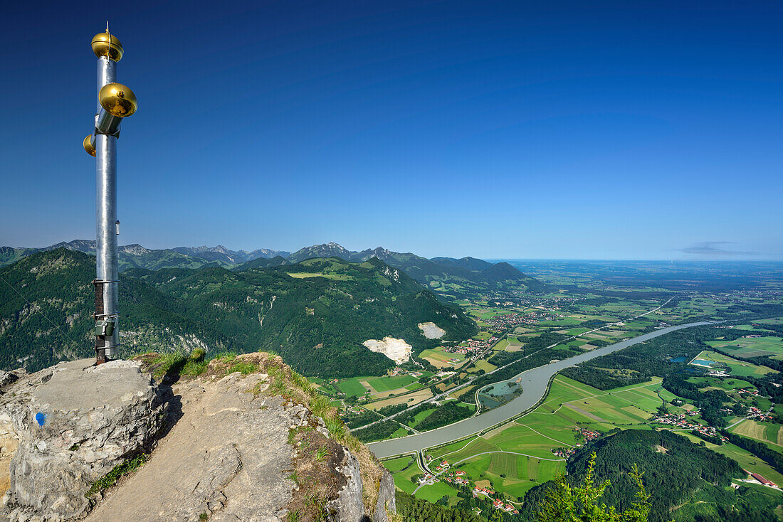 Summit cross on Kranzhorn with view over Inn valley and Bavarian Alps in background, Chiemgau Alps, Upper Bavaria, Bavaria, Germany