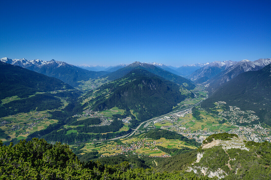 View from Tschirgant over Inn valley to mountain scenery, Mieming Range, Tyrol, Austria