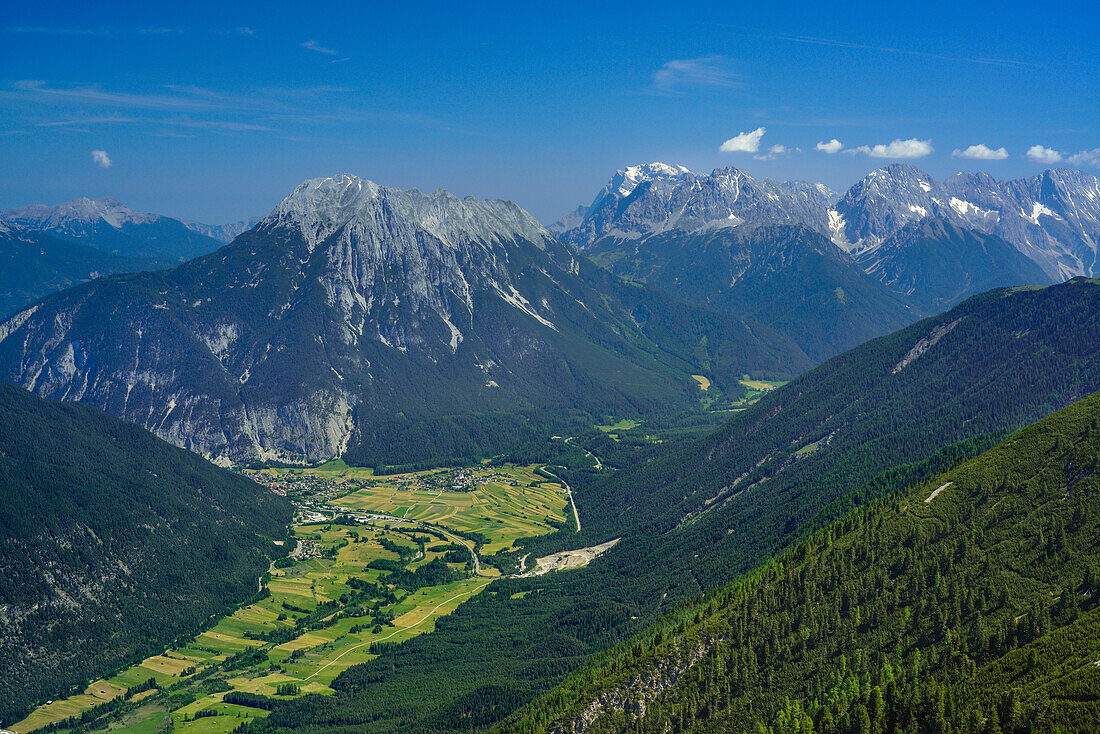 View from Tschirgant over Gurgl valley to mountain scenery, Mieming Range, Tyrol, Austria