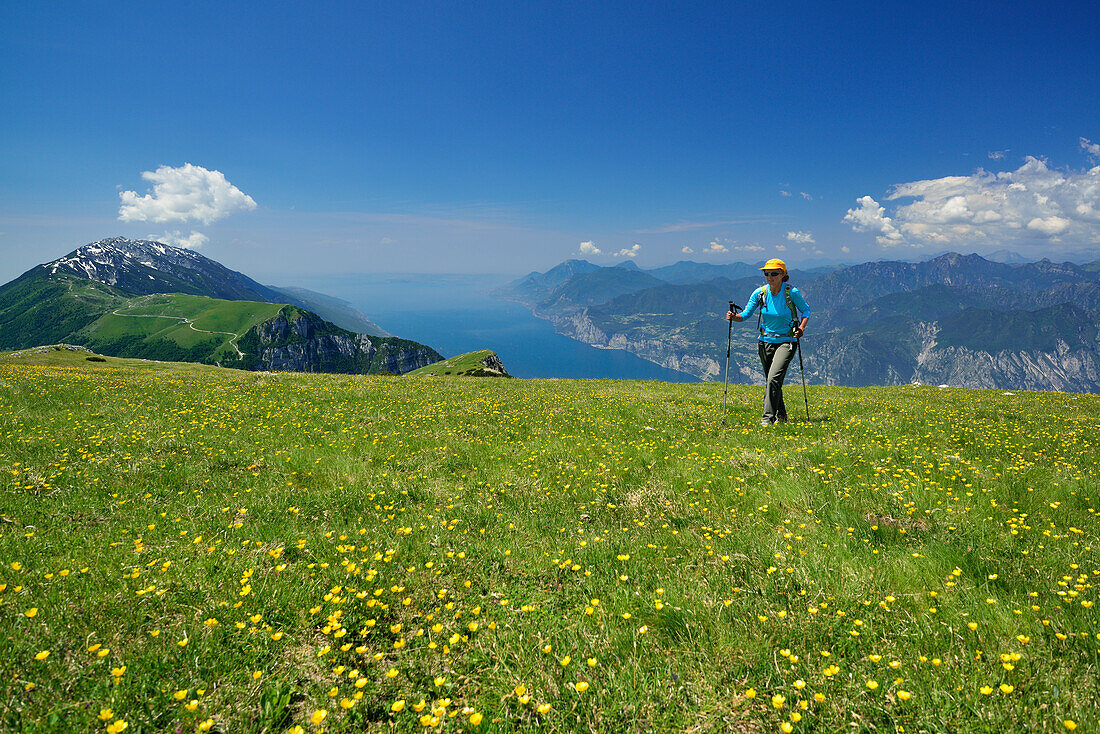 Frau wandert über Blumenwiese, Monte Baldo und Gardasee im Hintergrund, Monte Altissimo, Gardaseeberge, Trentino, Italien