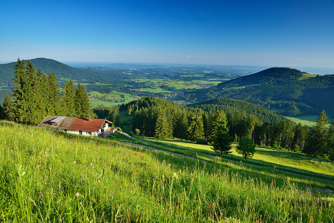 Bucheralm mit Leitzachtal im Hintergrund, Breitenstein, Mangfallgebirge, Bayerische Voralpen, Oberbayern, Bayern, Deutschland