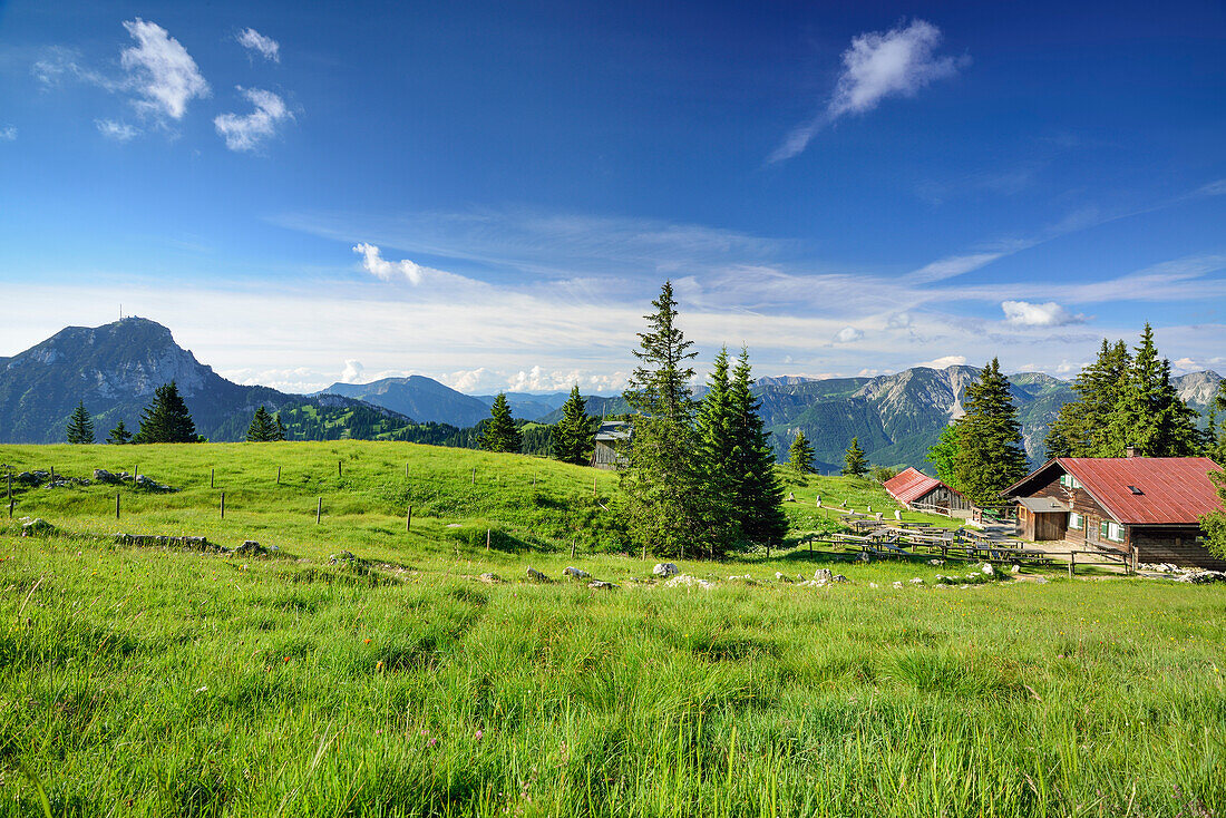 Hut Hubertushuette with Wendelstein and Mangfall Mountains, Breitenstein, Bavarian Prealps, Upper Bavaria, Bavaria, Germany