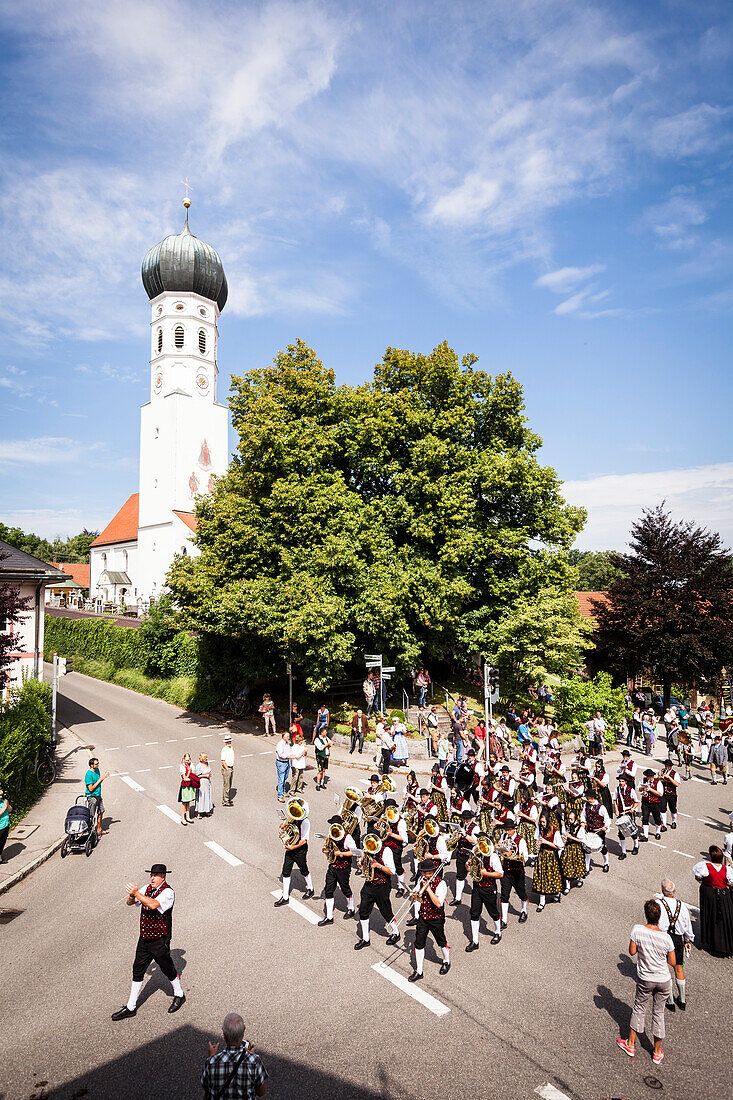 Parade of a traditional Bavarian band, Muensing, Upper Bavaria, Germany