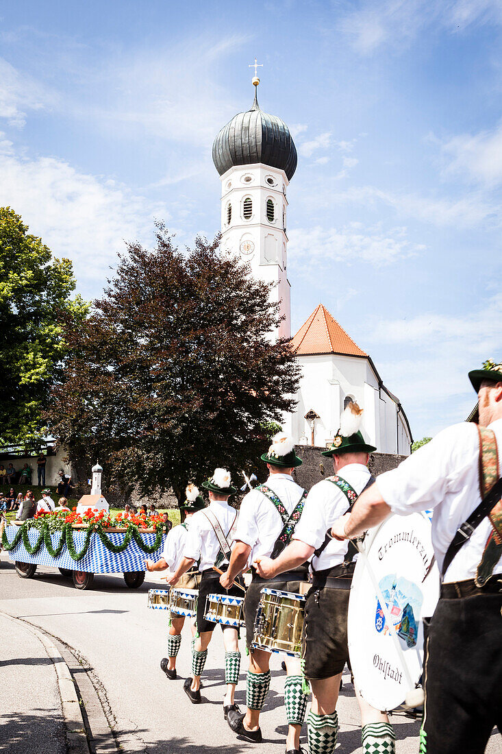Parade of a traditional Bavarian band, Muensing, Upper Bavaria, Germany