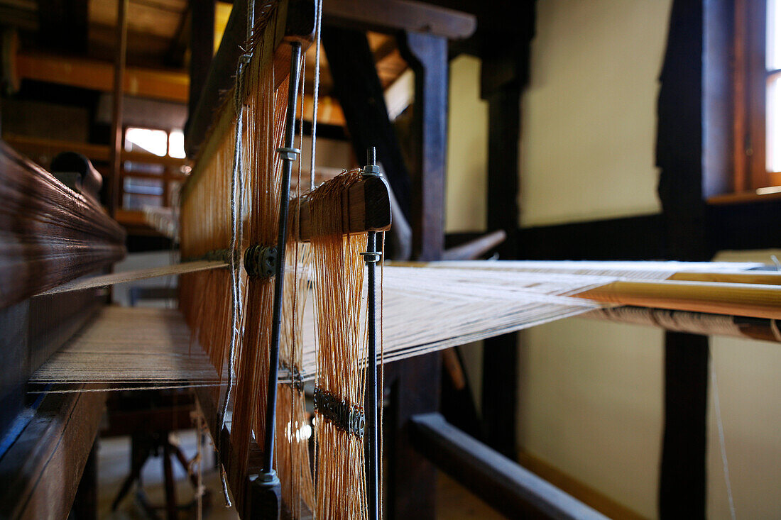 Traditional weaving loom on display at Lebendiges Museum Odershausen open air museum, Odershausen, Bad Wildungen, Hesse, Germany, Europe