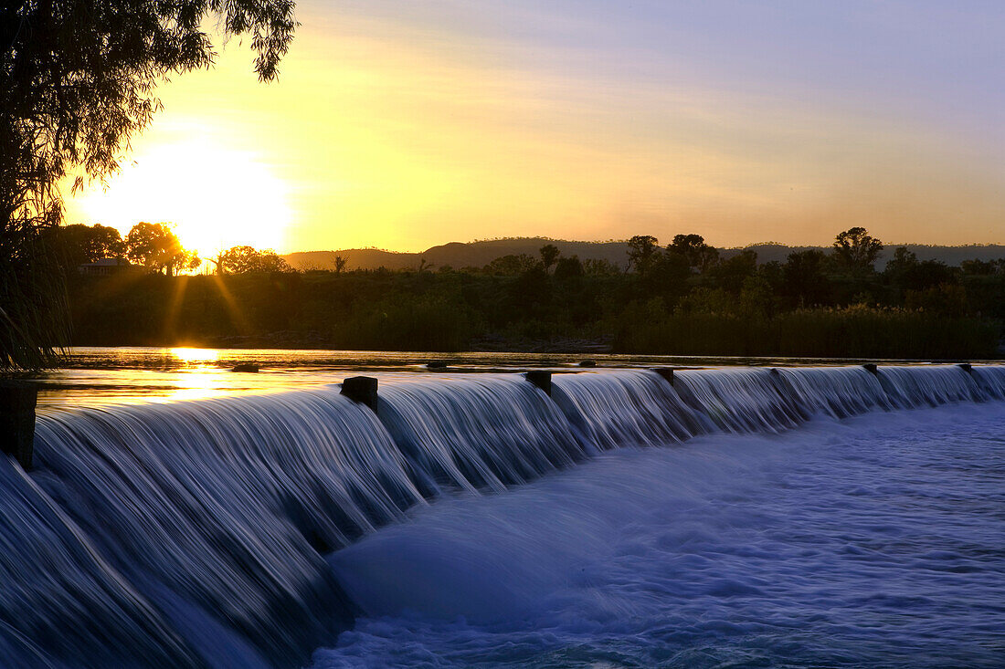 Dam of the Parry Creek Road over the Ord River at sunset, Near Kununurra, Western Australia, Australia