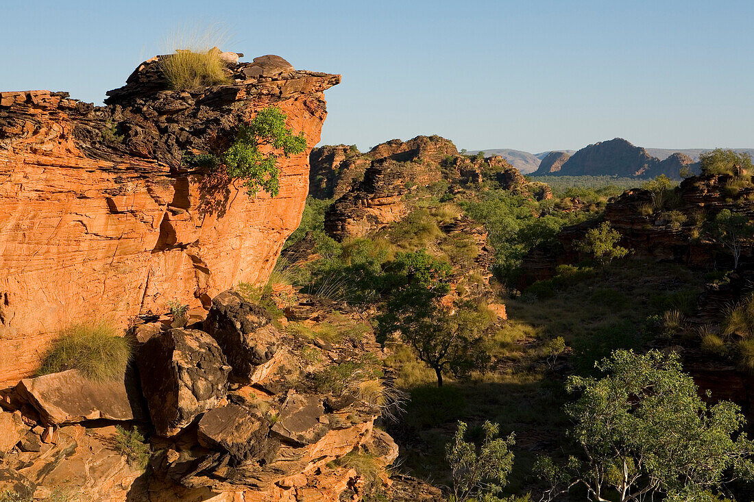 Rote Steinklippe mit Bäumen und der Felsformation Elephant Rock im Hintergrund, Hidden Valley Nationalpark, nahe Kununurra, Western Australia, Australien