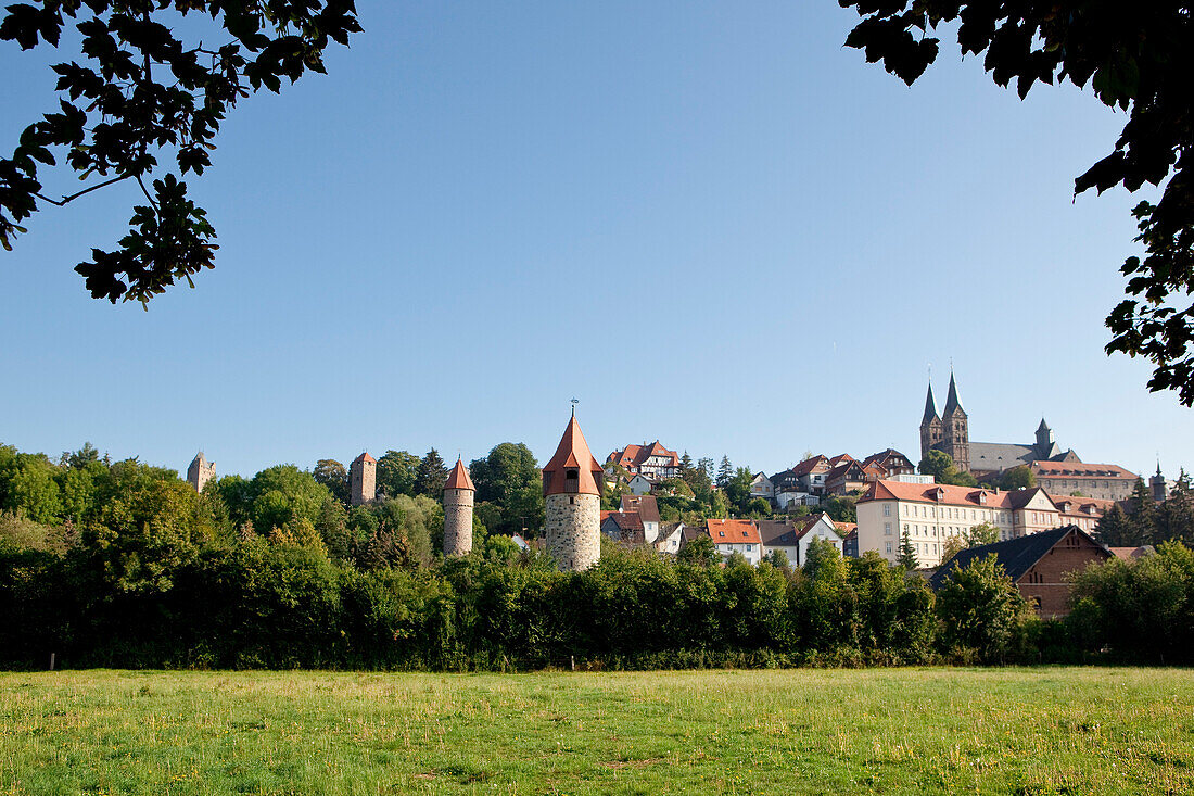 View of city with four towers and Fritzlar Cathedral from Vier Tuerme Viewpoint, Fritzlar, Hesse, Germany, Europe