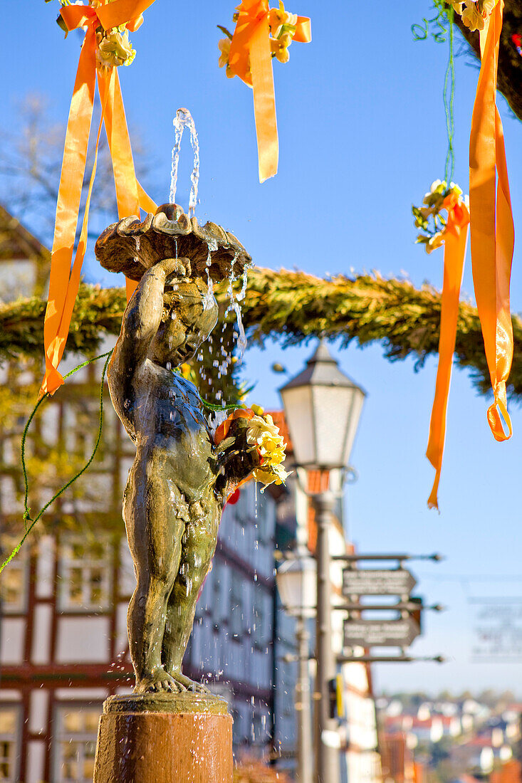 Fountain on the market square in front of the town hall, Bad Wildungen, Hesse, Germany, Europe