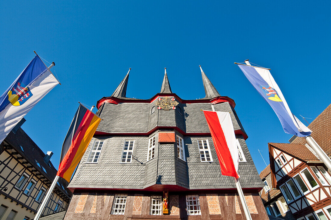 Das zehntürmige Rathaus von Frankenberg, Frankenberg, Nordhessen, Hessen, Deutschland, Europa