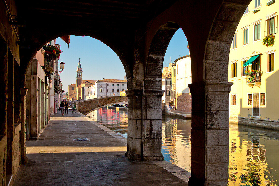Canale della Vena und Kirchturm der Chioggia Kathedrale, Chioggia, nahe Venedig, Venetien, Italien, Europa