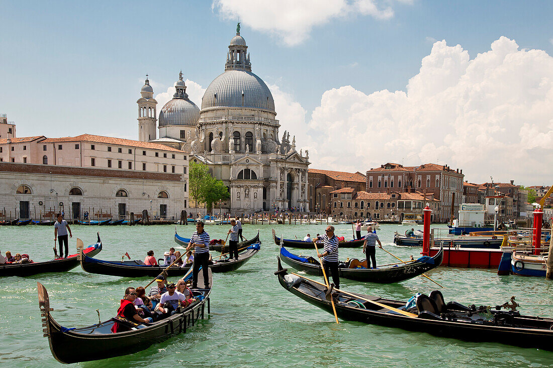 Gondeln tummeln sich bei der Mündung des Canal Grande vor der Kirche Santa Maria della Salute, Venedig, Venetien, Italien, Europa