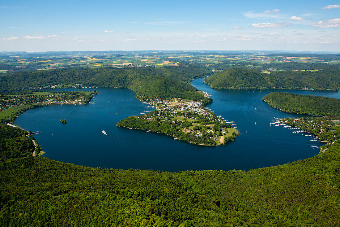 Aerial of Lake Edersee with Scheid Peninsula, Bringhausen, Lake Edersee, Hesse, Germany, Europe