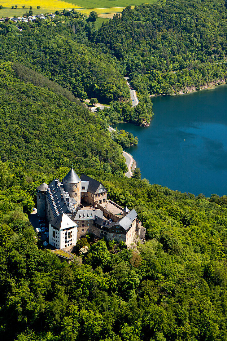 Aerial of Waldeck Castle and Lake Edersee, Lake Edersee, Hesse, Germany, Europe