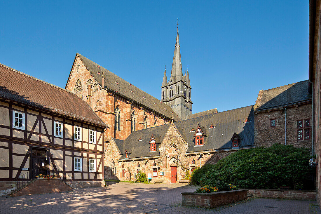 Courtyard in front of the daycare center of the forensic clinic with the historic buildings of Haina monastery, Haina, Hesse, Germany, Europe